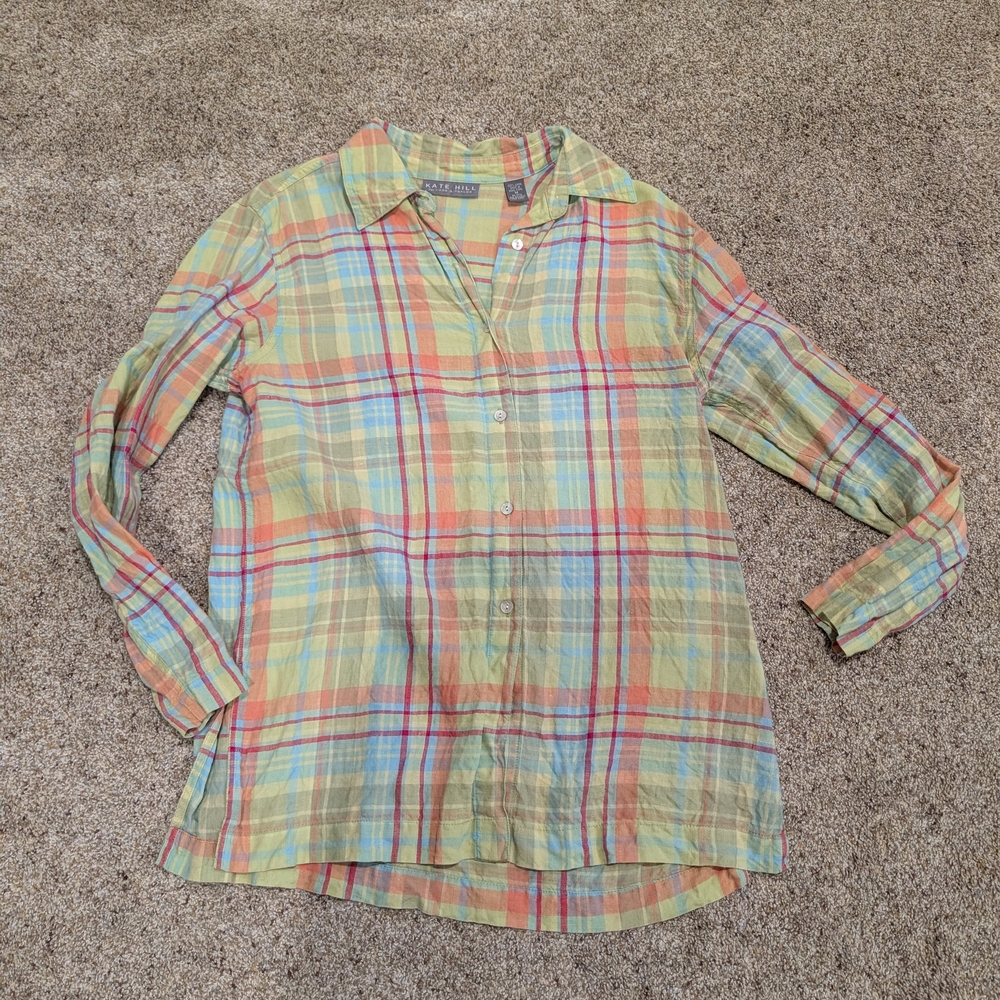Kate Hill Multicolor Plaid Button Down Shirt 100% Linen